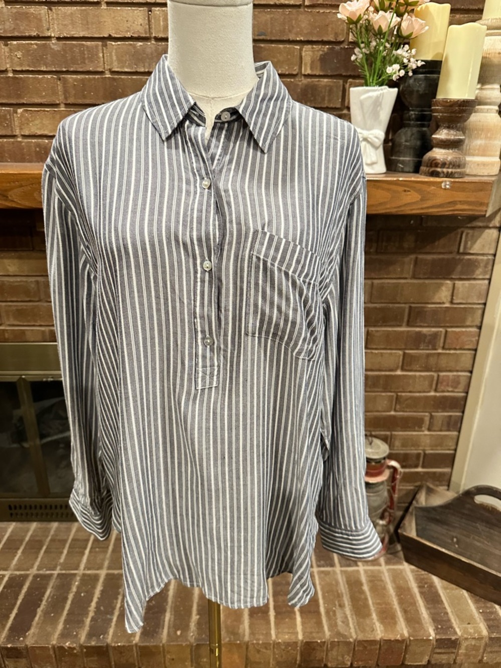 Rails Charcoal Grey White Striped Henley Popover Tunic Top Medium